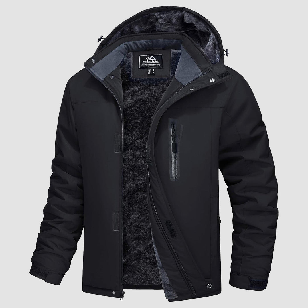 Technical men's insulated hiking jacket, water-resistant, fleece-lined for cold weather.