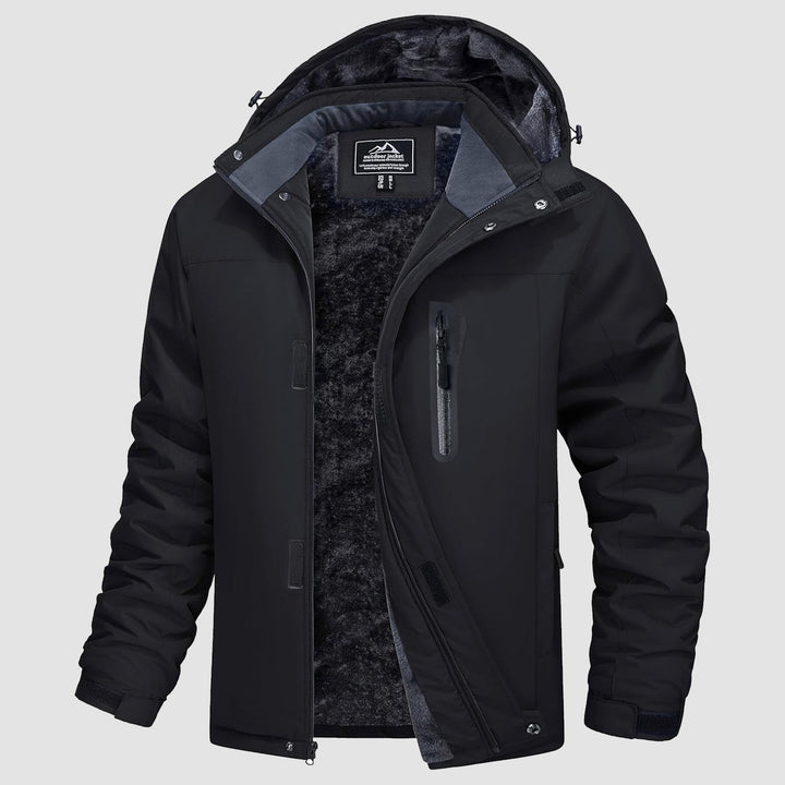 Technical men's insulated hiking jacket, water-resistant, fleece-lined for cold weather.