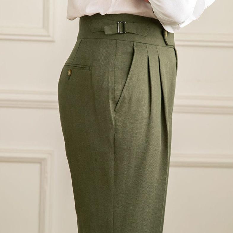 Men's formal pleated trousers, high-waisted with an Italian flair, suitable for dressy occasions.