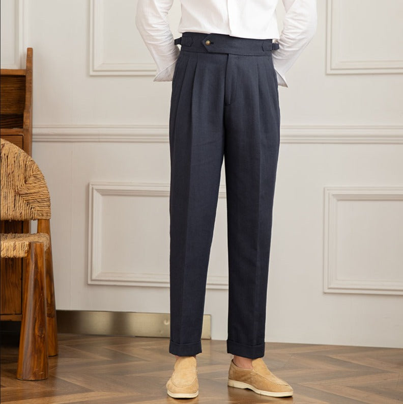 Sophisticated men's Italian style pleated dress pants, tailored for comfort & elegance.