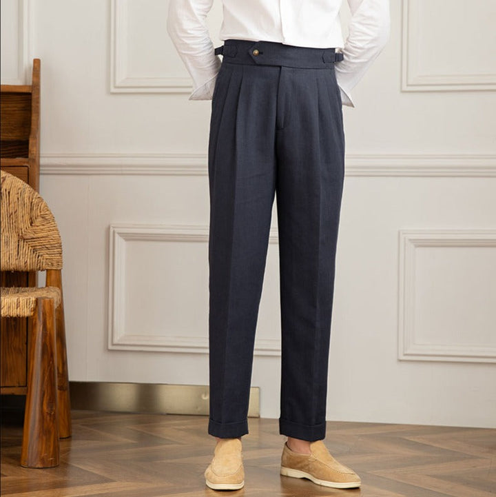 Sophisticated men's Italian style pleated dress pants, tailored for comfort & elegance.