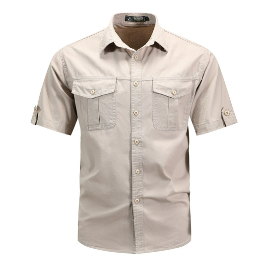 Men's khaki utility pocket spring shirt with rolled sleeves, perfect for casual wear. Features two chest pockets.