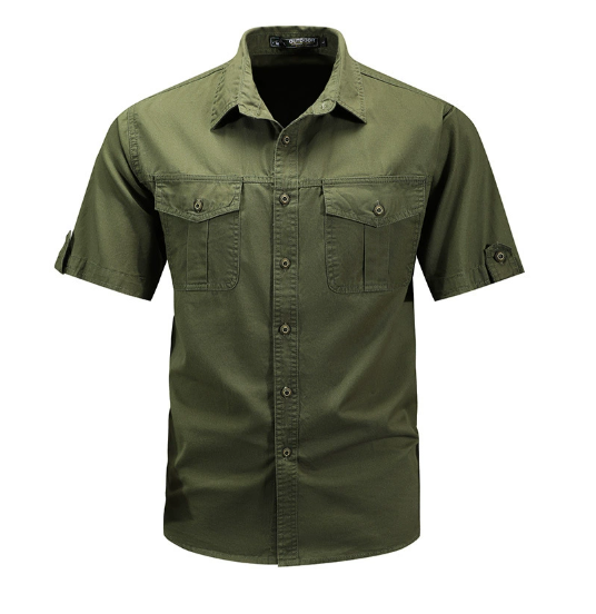 Dark blue men's pocket shirt, ideal for spring, showcasing a relaxed fit and practical utility pocket detailing.