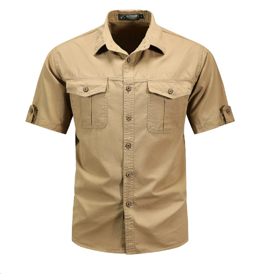 Beige men's utility spring shirt, versatile for casual wear, featuring distinct chest pockets and a comfortable design.