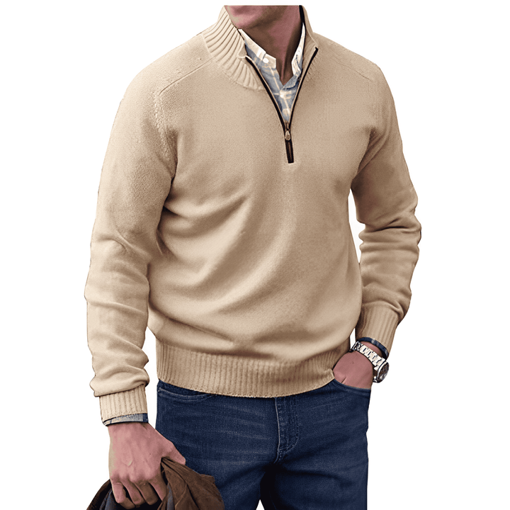 Men's knitted half-zip pullover jumper in classic navy, ideal for winter casual wear and comfort.