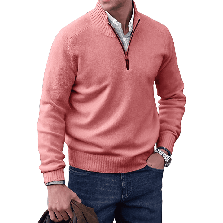 Men's olive green knitted half-zip pullover jumper, a relaxed yet refined piece of knitwear.
