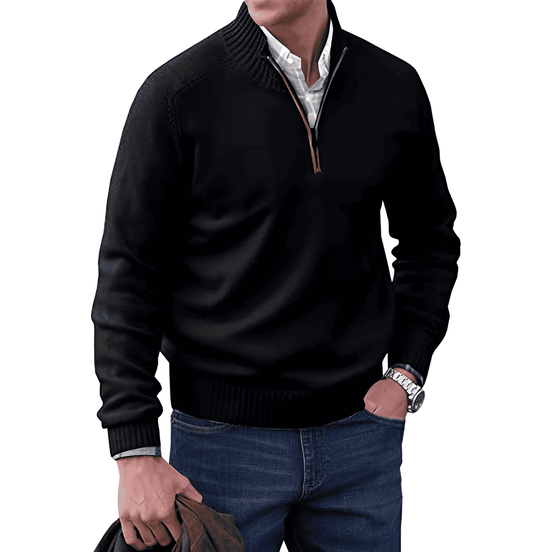 Versatile men's knitted half-zip pullover jumper, folded neatly, ready for a winter men's fashion outfit.
