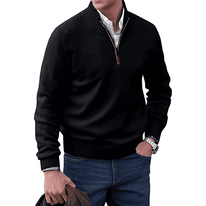 Versatile men's knitted half-zip pullover jumper, folded neatly, ready for a winter men's fashion outfit.