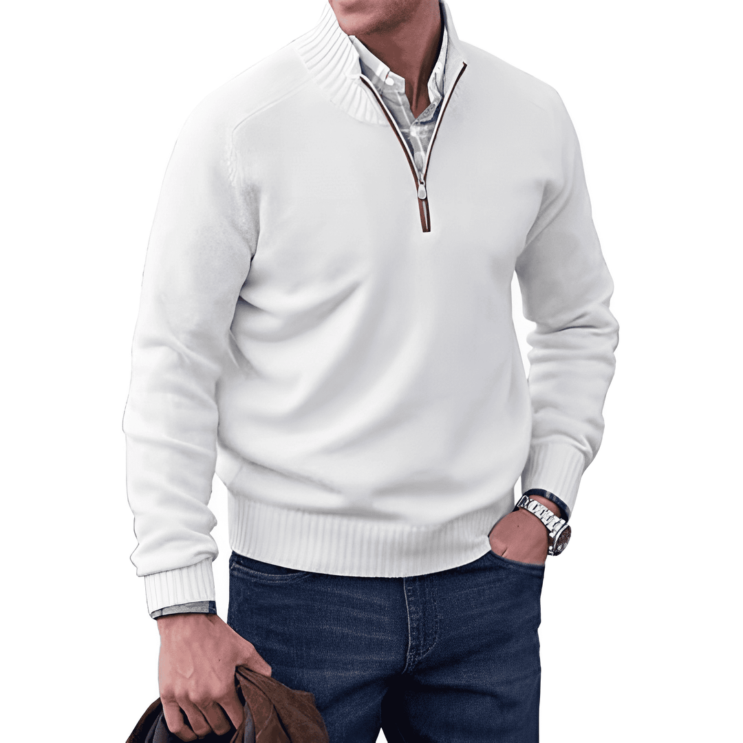 Stylish man wearing a charcoal grey knitted half-zip pullover jumper, perfect for mens fashion and warmth.