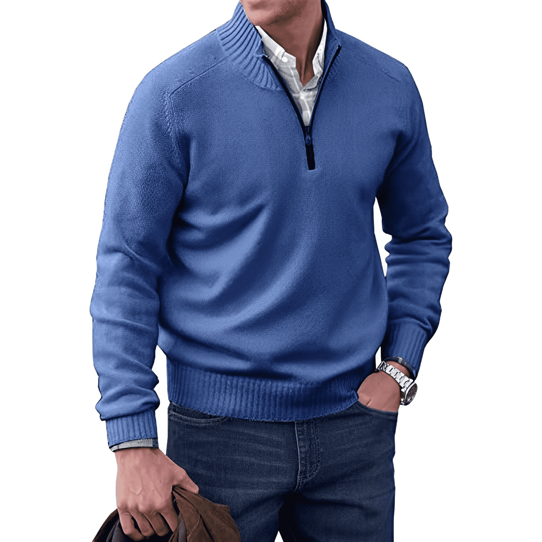 Detailed shot of the half-zip collar on a men's knitted pullover jumper, highlighting its versatility.