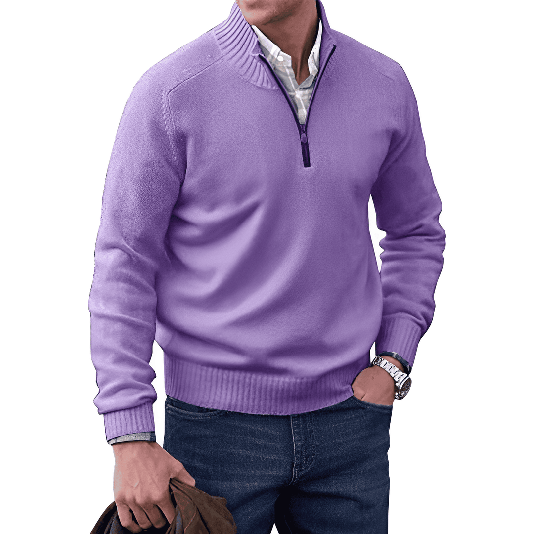 Back view of a men's navy knitted half-zip pullover jumper, showing the full design and fit.