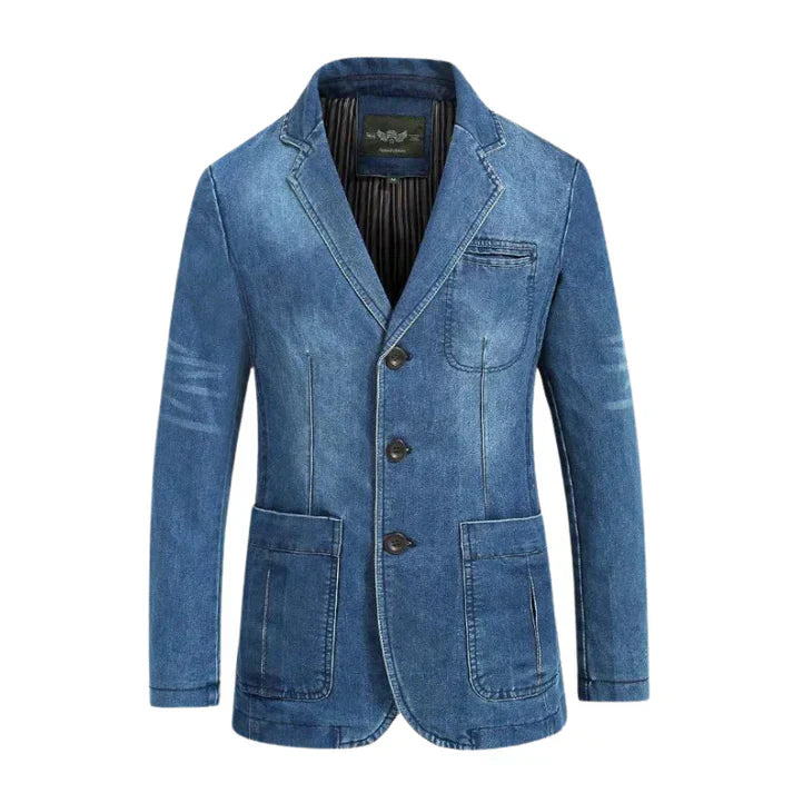 Men's light blue denim blazer, perfect for smart casual and trendy formal occasions. Stylish outerwear.