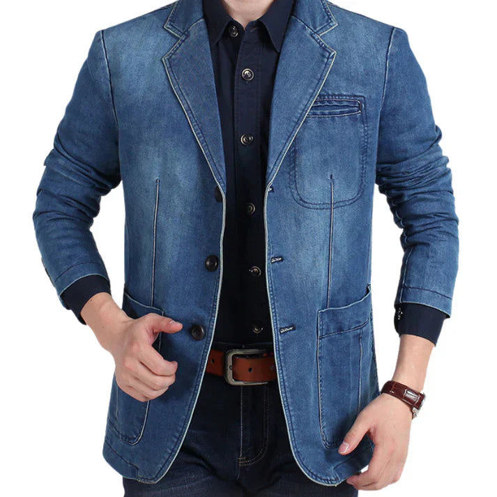 Men's trendy denim blazer in a casual-formal style, showcasing modern men's fashion and outerwear.