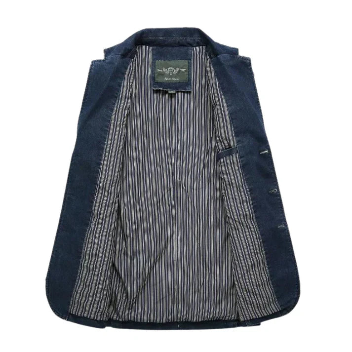 Stylish men's light wash denim blazer, combining comfort and sophistication for a smart casual look.