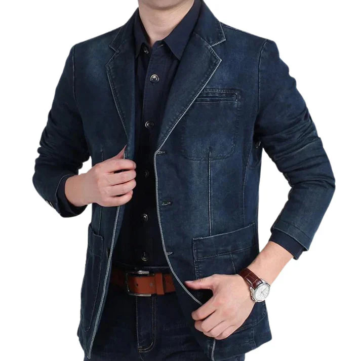 Casual formal men's denim blazer, featuring a sleek design for contemporary and stylish outerwear.