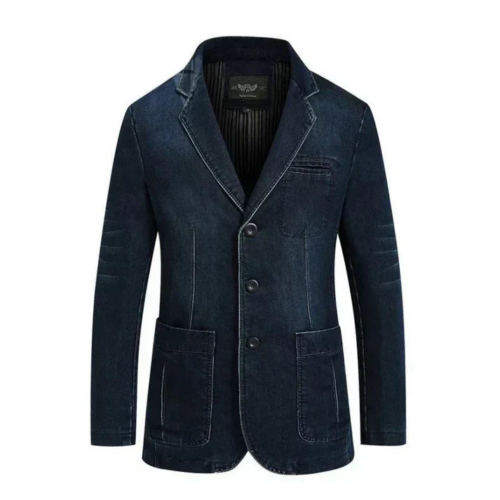 Men's fashion denim blazer, a smart casual staple in a timeless blue, perfect for any occasion.
