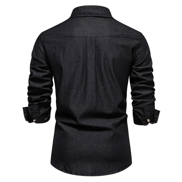 Versatile men's apparel: light blue denim button-up shirt, long sleeve.