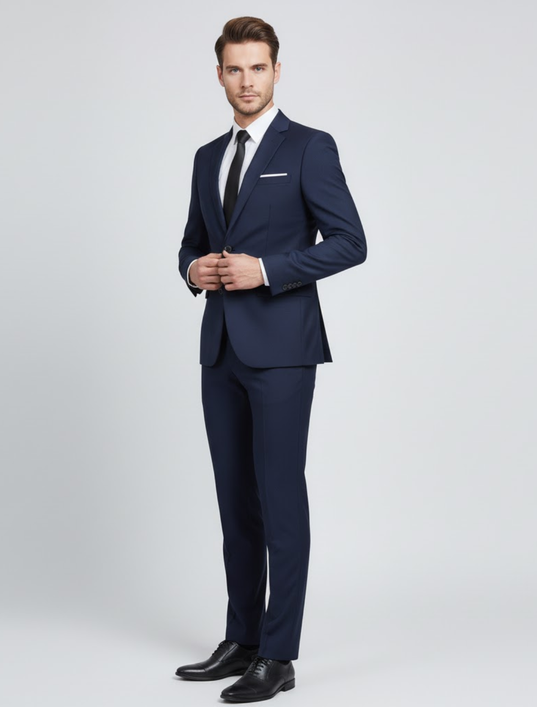 Men's light blue smart casual two-piece suit set, perfect for spring business or wedding events.
