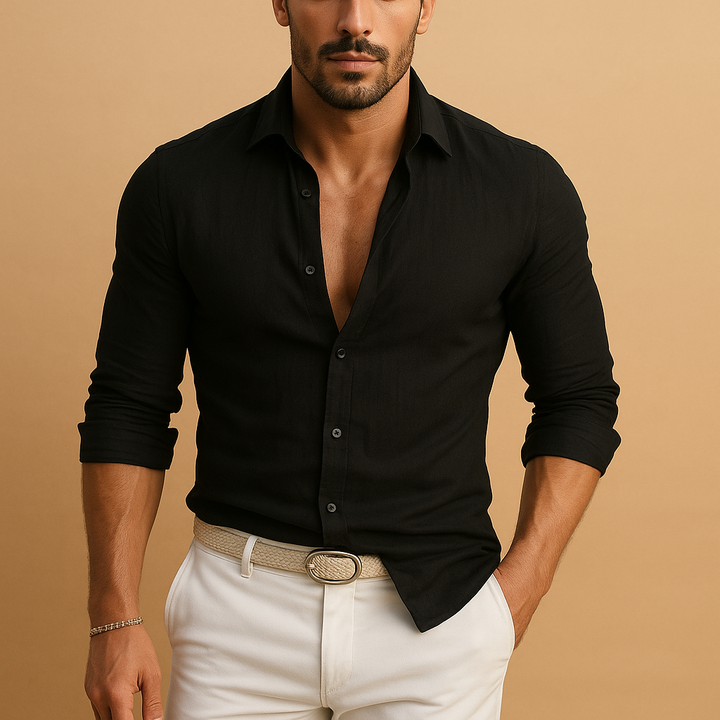 Lightweight men's button-down long sleeve shirt, ideal for summer fashion & versatile everyday style. Casual & comfortable.