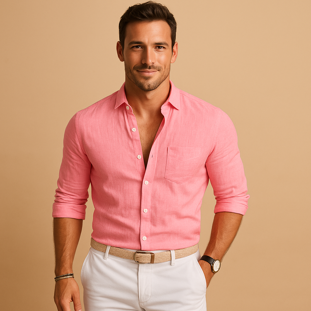 Close-up of the lightweight fabric on a men's collared button-down long sleeve shirt, showcasing texture & comfort.
