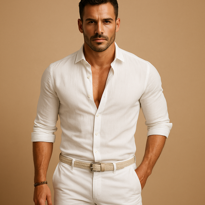 Classic white men's lightweight button-down long sleeve shirt, perfect for versatile design & smart casual looks.