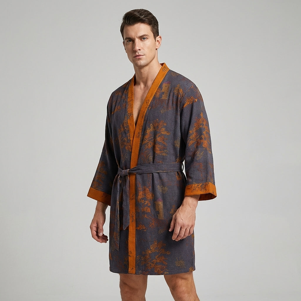 Men's lightweight cotton kimono robe in breathable jacquard fabric, perfect summer loungewear with a v-neck.