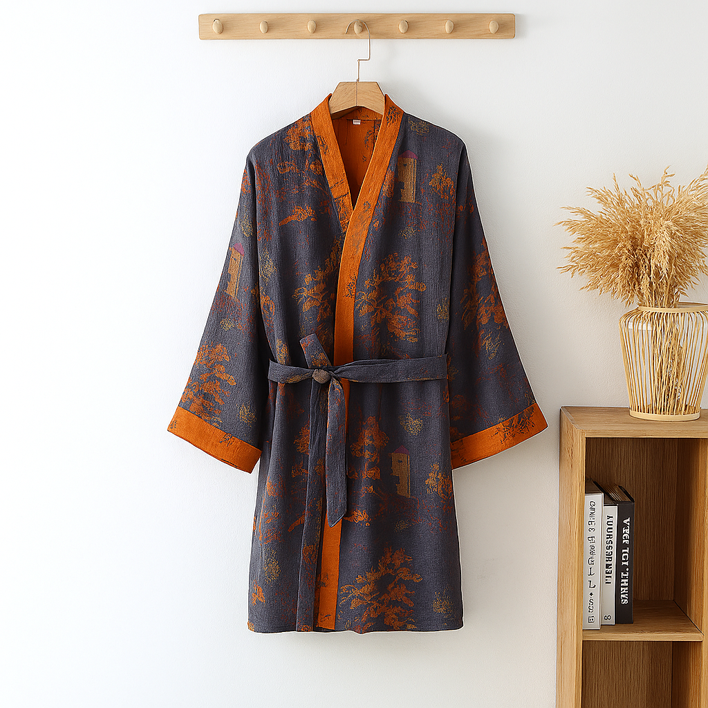 Comfortable men's cotton kimono robe for summer, ideal for home wear and lounging, featuring a lightweight design.