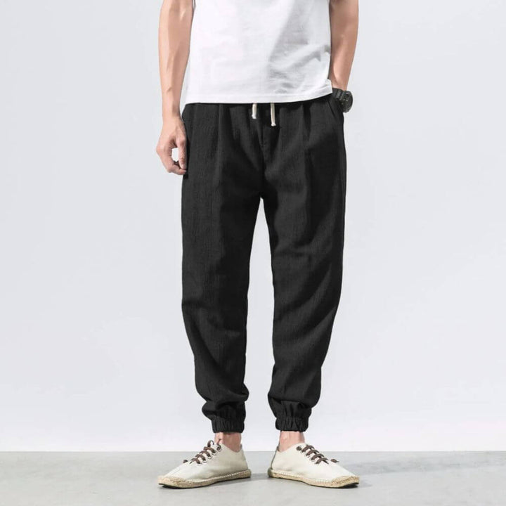 Everyday men's fashion: lightweight drawstring pants designed for summer style.