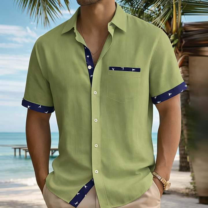Men's lightweight short sleeve button-up shirt, perfect for casual summer comfort & warm weather style.
