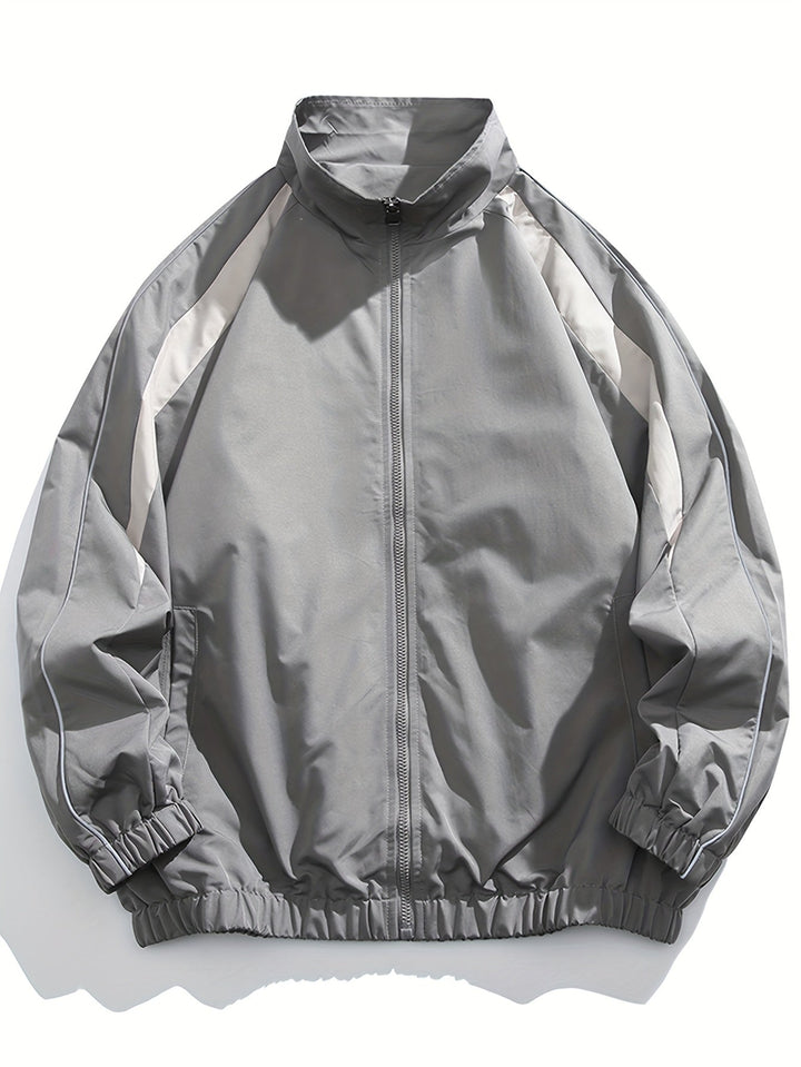Stylish men's lightweight windbreaker jacket, stand collar design, essential men's fashion for everyday wear.