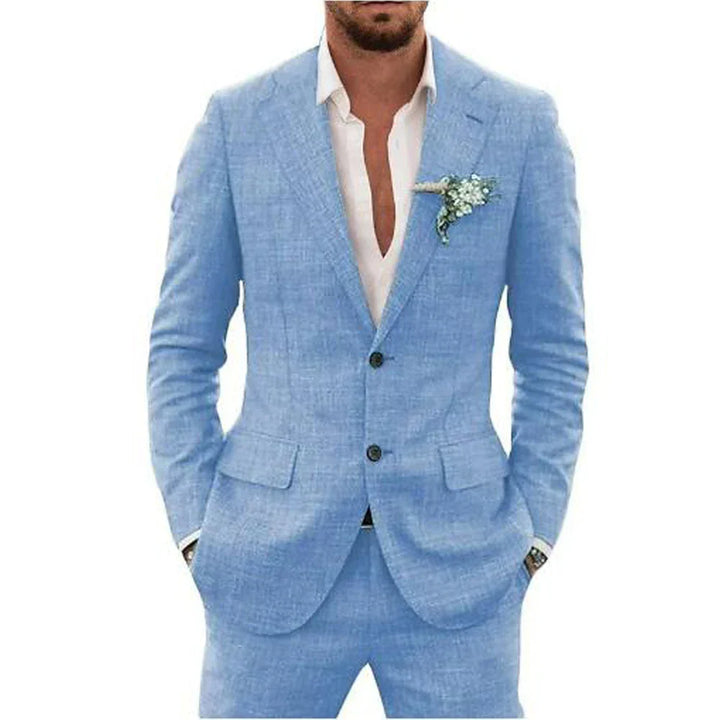 Sophisticated slim-fit men's suit. A modern two-piece, ideal for warm weather weddings & events.