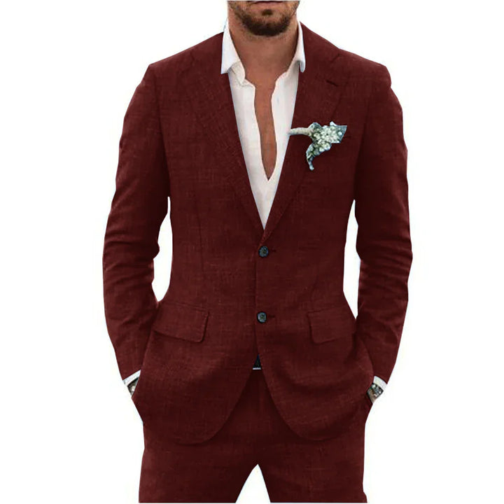 Classic men's tailored suit set, lightweight and breathable for semi-formal summer occasions.