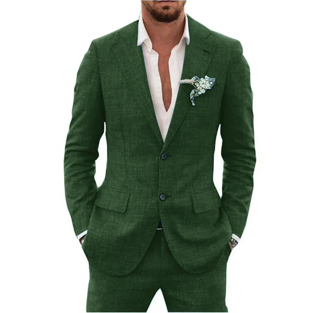 Stylish slim-fit men's summer suit, two-piece tailored design for warm weather sophistication.