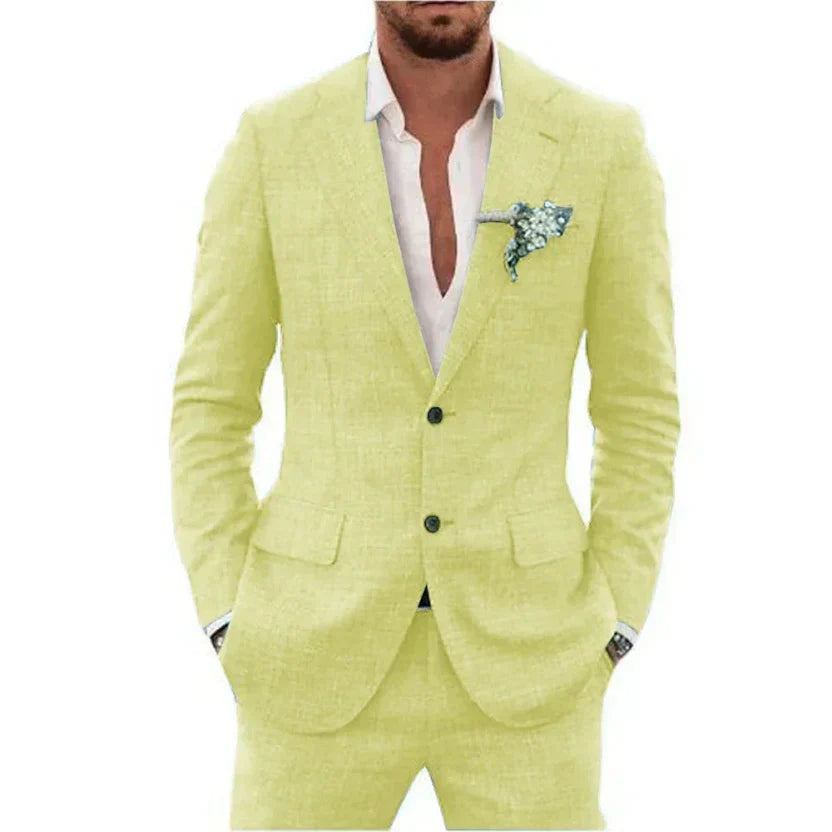High-quality lightweight men's two-piece suit. Tailored for comfort & style at summer events.