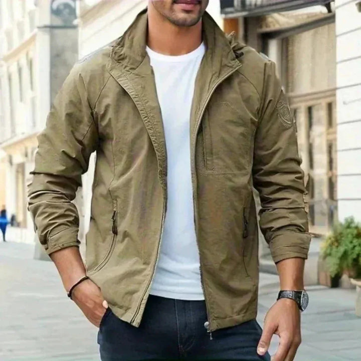 Men's lightweight transitional jacket, perfect for spring & fall. Casual zip-up outerwear with collared design.