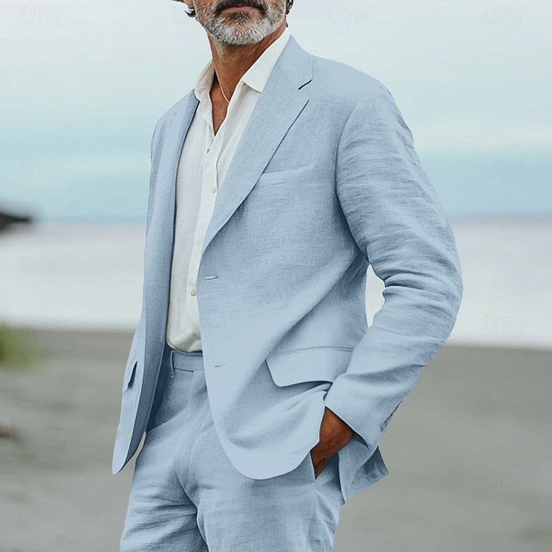 Stylish men's lightweight summer suit featuring a two-piece blazer and matching trousers for warm weather fashion.