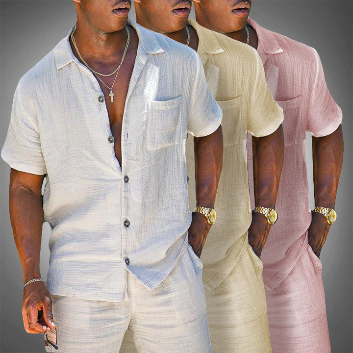 Stylish men's short sleeve linen blend resort wear set with matching shorts, ideal for warm weather.
