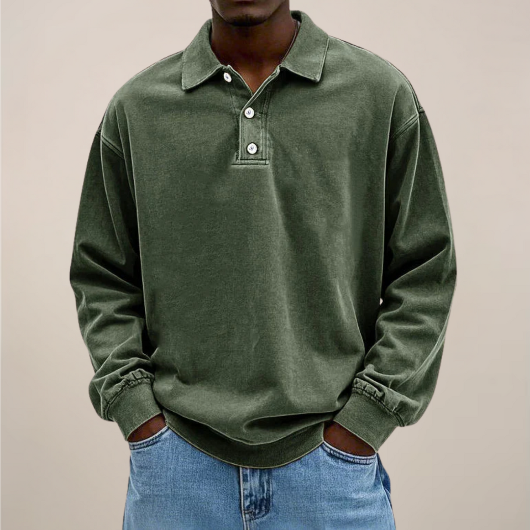 Comfortable men's long sleeve polo shirt. Smart casual top for versatile everyday wear & fashion.