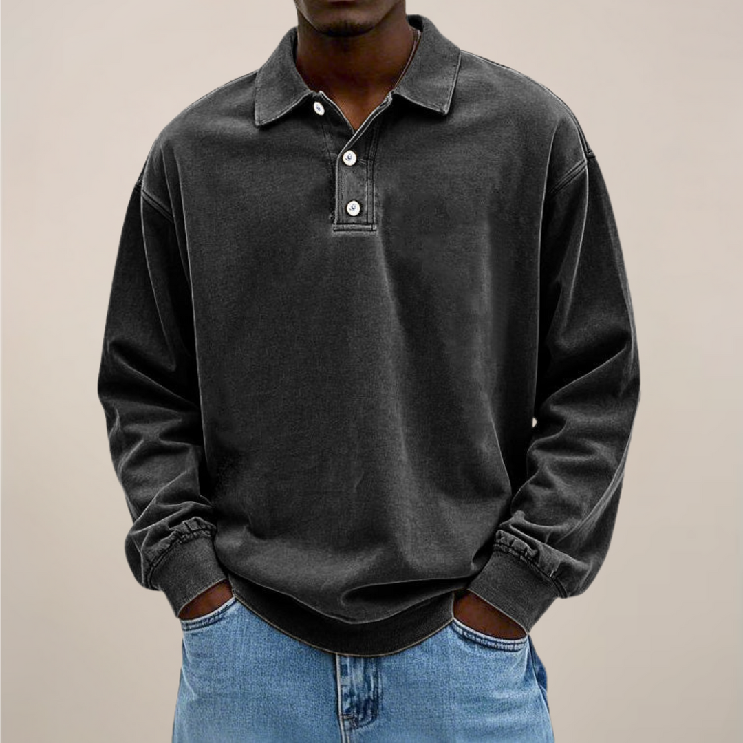 Men's long sleeve polo shirt for smart casual style. Comfortable everyday top with button placket.