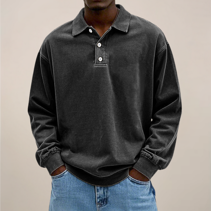 Men's long sleeve polo shirt for smart casual style. Comfortable everyday top with button placket.