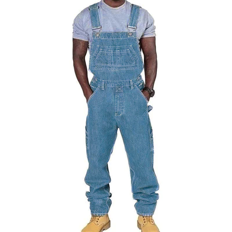Comfortable men's relaxed fit bib overalls. Versatile multi-pocket design for casual outdoor & daily wear.