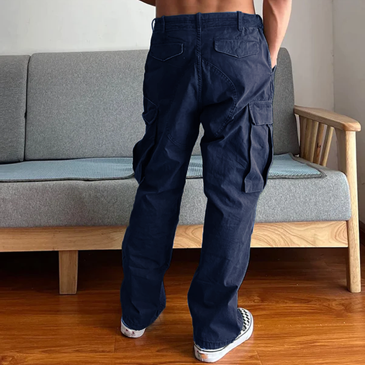 Men's loose fit washed cargo chino pants featuring practical utility pockets for essential carry.