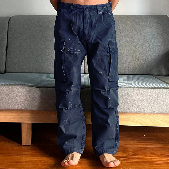 Washed men's loose fit cargo chino pants, providing a relaxed look and comfortable, soft feel.