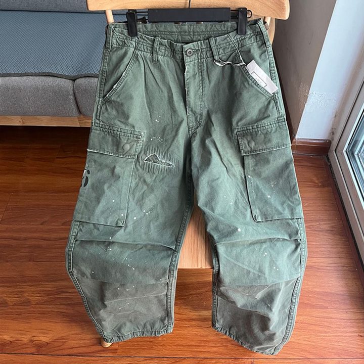 Khaki loose fit washed cargo chino pants for men, blending ultimate comfort with casual outdoor style.