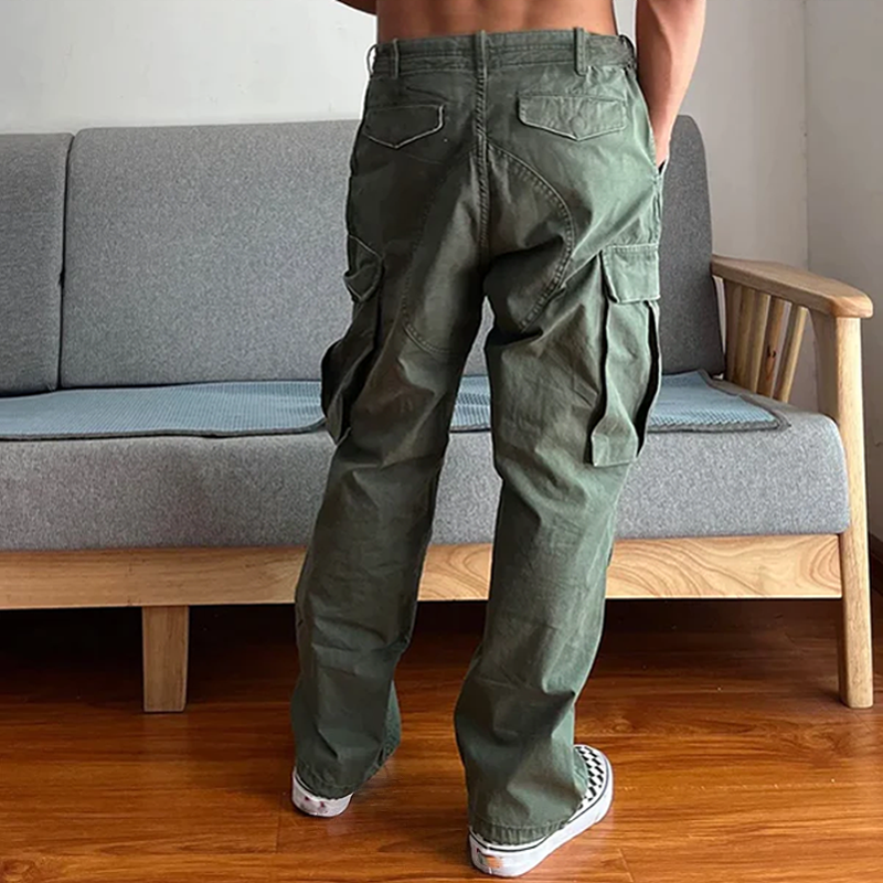 Green men's loose fit cargo chino pants, ideal for outdoor adventures or everyday comfort.