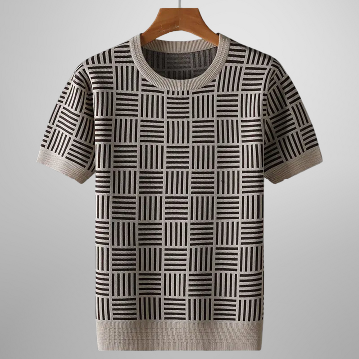 Men's Madison knit tee, crew neck, modern geometric pattern. Comfortable & versatile men's top for casual wear.