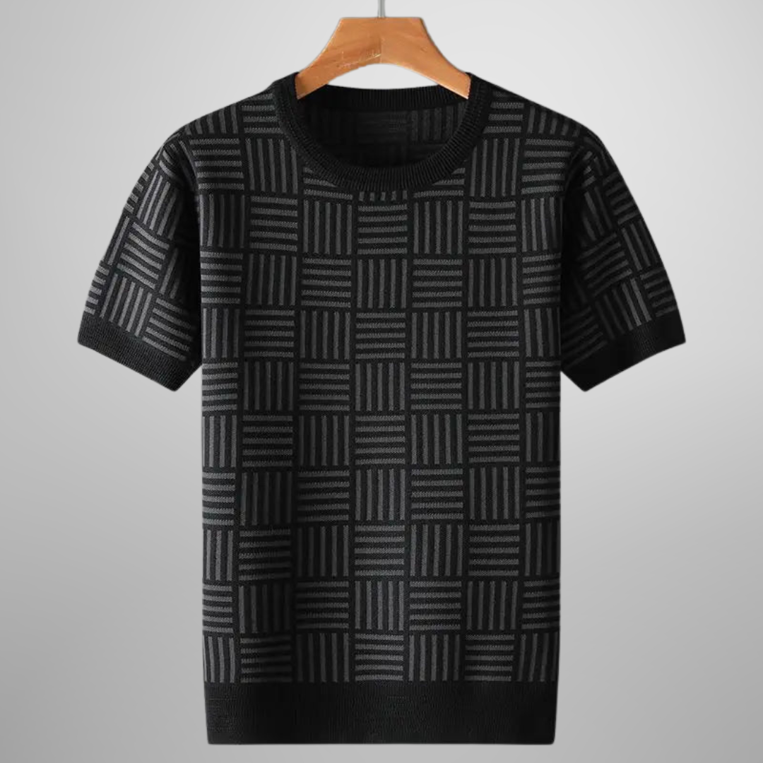 Stylish men's knit tee, geometric pattern. Crew neck, comfortable everyday top, perfect for modern casual layering.