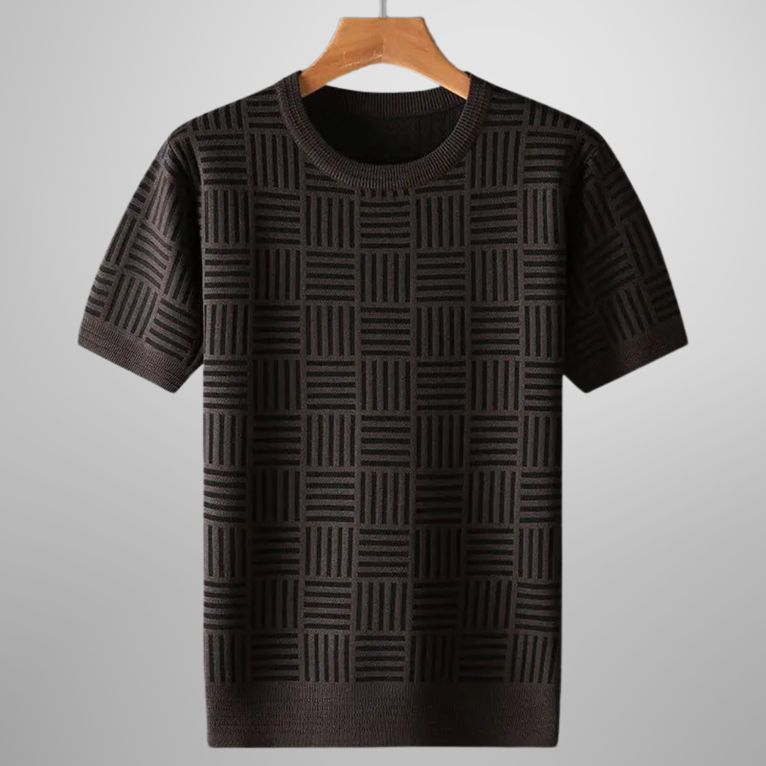 Versatile men's crew neck knit tee with modern geometric pattern. Comfortable men's top for everyday & casual style.