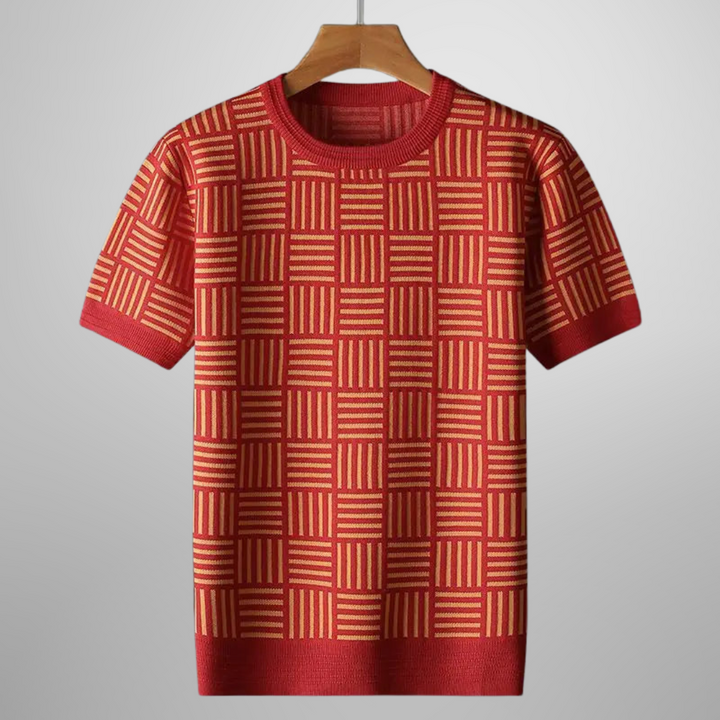 Men's Madison knit tee for effortless style. Geometric pattern, crew neck. Comfortable, modern, versatile men's top.
