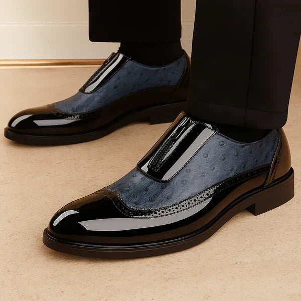 Comfortable men's black Oxford dress shoes with convenient side zip. Modern, elegant formal footwear.